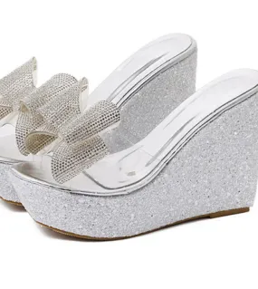 2022 New Pvc Transparent Slippers Women Summer Toe Platform Bow Crystal Slide Wedge Slippers Size 34 40