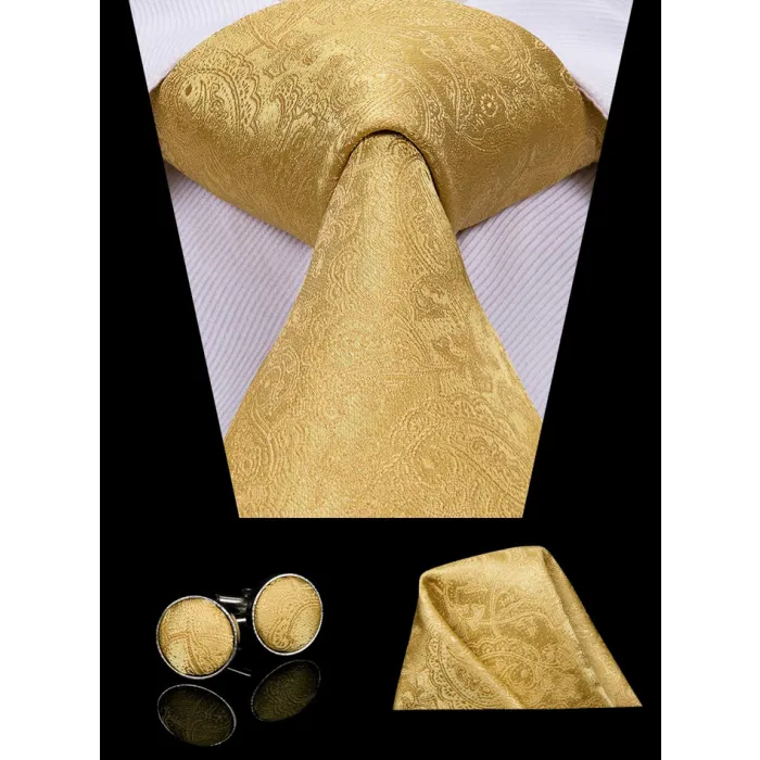 Cravatta, tasca quadrata e gemella set paisley oro giallo