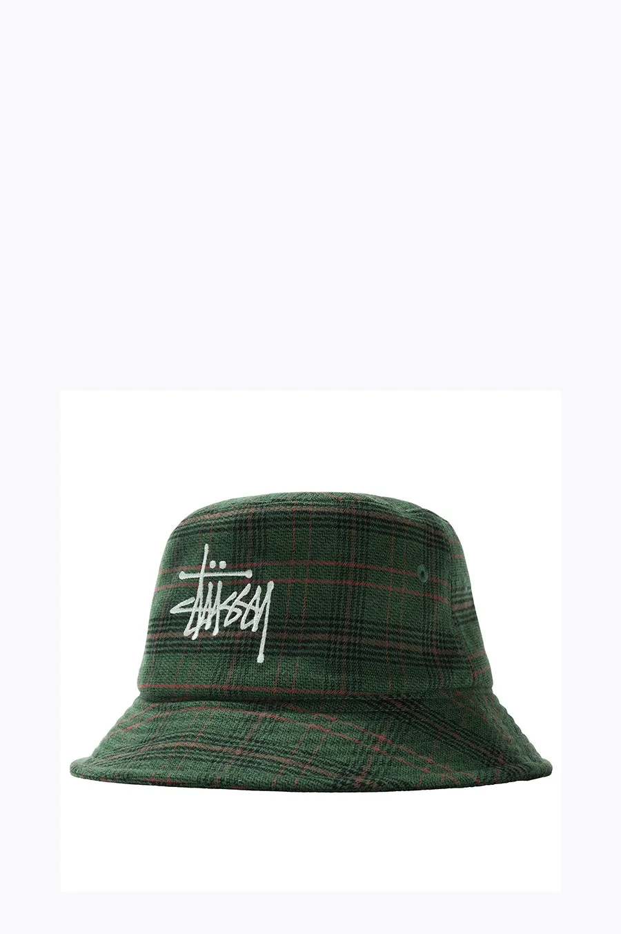 STUSSY BIG LOGO PLAID BUCKET HAT GREEN