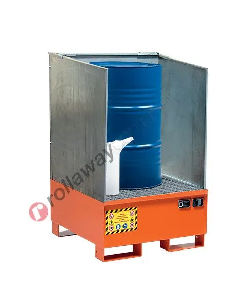 Vasca di raccolta liquidi in acciaio verniciata con griglia e pareti laterali asportabili 860 x 860 x 430 mm per 1 fusto